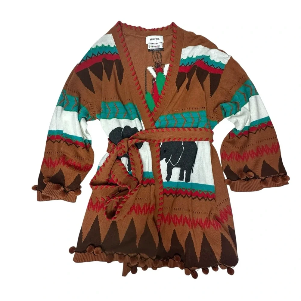 NWOT MUVEIL Western Brown multi Belted Cardigan 38 - Picture 5 of 15